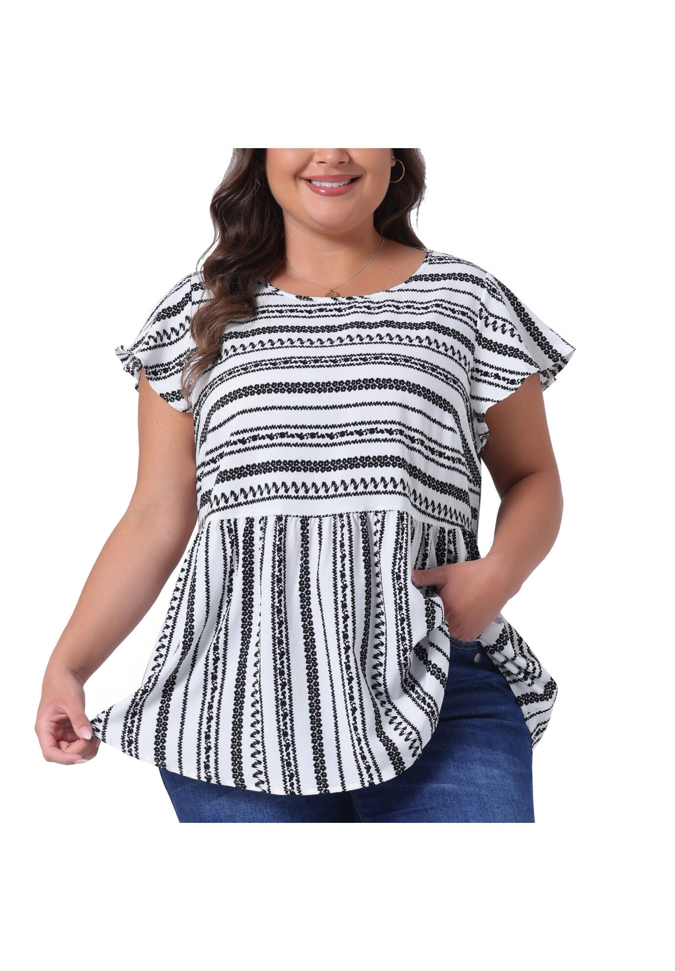 Boho Floral Printed Round Neck Ruffle Sleeve Blouse, White / White, alternate image number 2