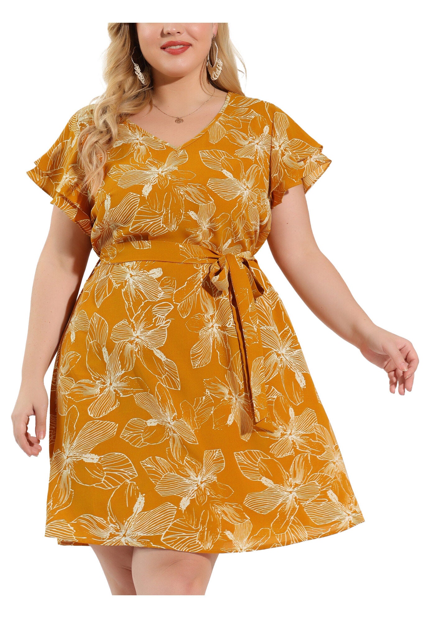 V Neck Tie Waist Layered Short Sleeve Floral Dress, Ginger / Yellow, alternate image number 2