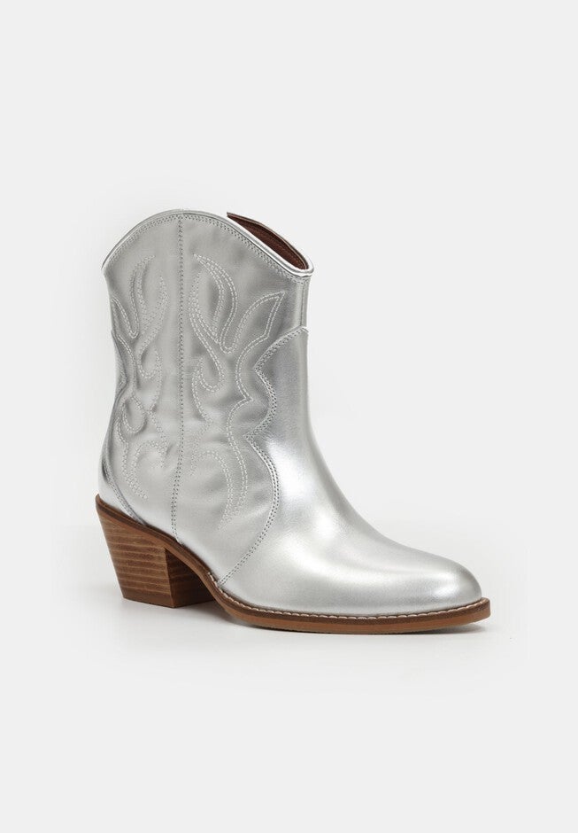 Jolene Embroidered Western Leather Ankle Boots, Metallic Silver / Silver, hi-res image number 0