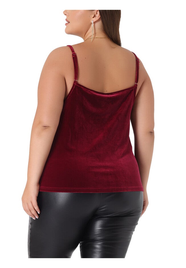 VELVET CAMI LACE DEEP V NECK SLEEVELESS TOP, Burgundy / Red, alternate image number 3