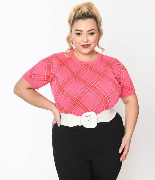 Unique Vintage Hot Pink Bias Plaid Short Sleeve Sweater, Hot Pink Bias Plaid / Pink, hi-res image number null