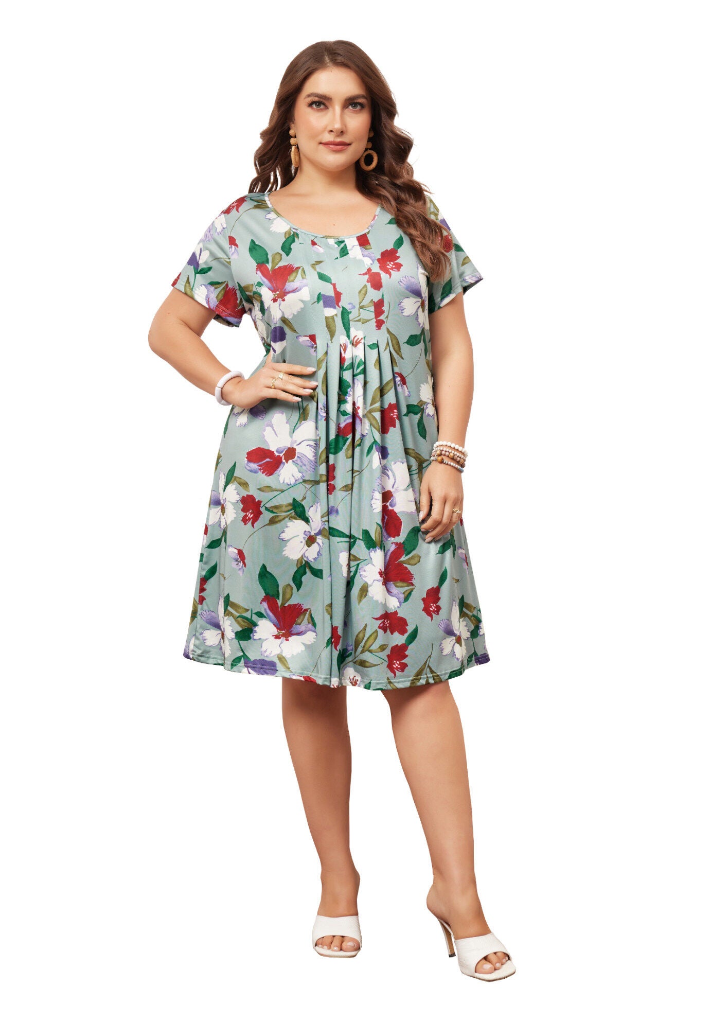 Short Sleeves Pleated Summer Beach Casual Loose Floral Dress, Green / Light Green, hi-res image number 0
