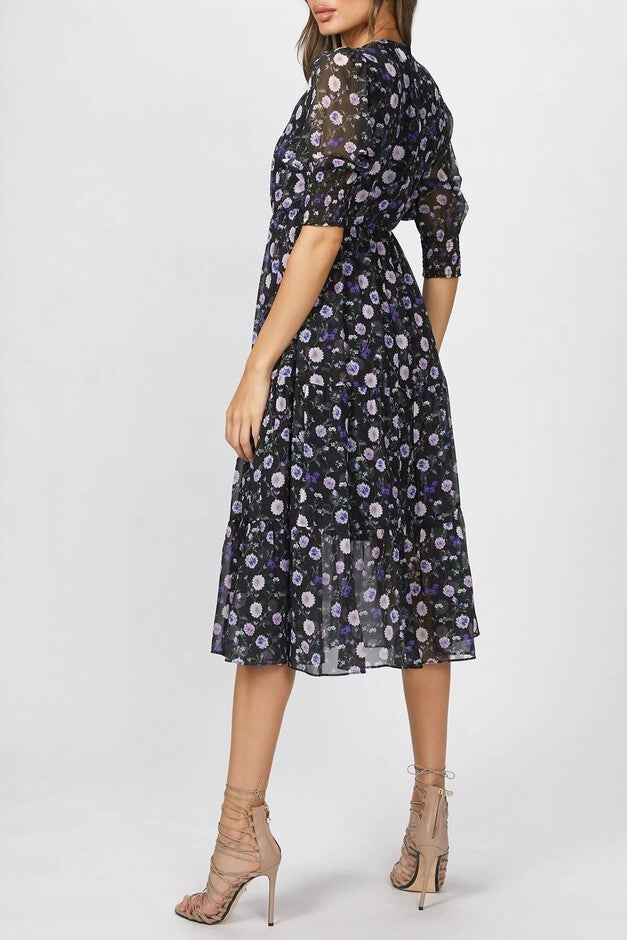 PRINTED MIDI DRESS IN BLACK/PURPLE PEONY, , alternate image number 7