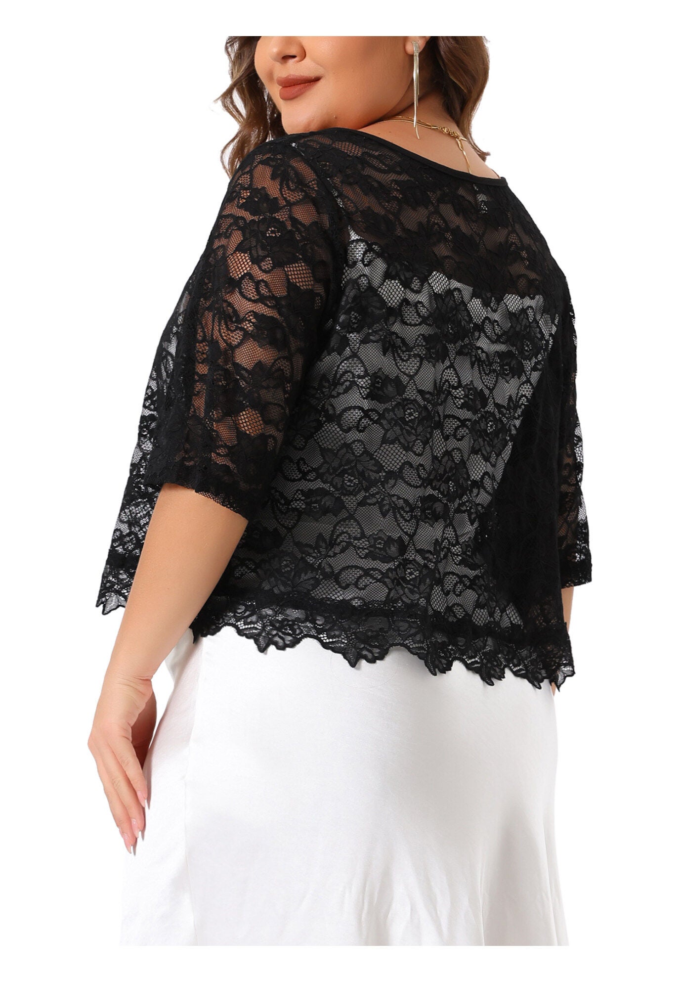 1/2 SLEEVE SHEER LACE BOLERO SHRUG, Black / Black, alternate image number 3