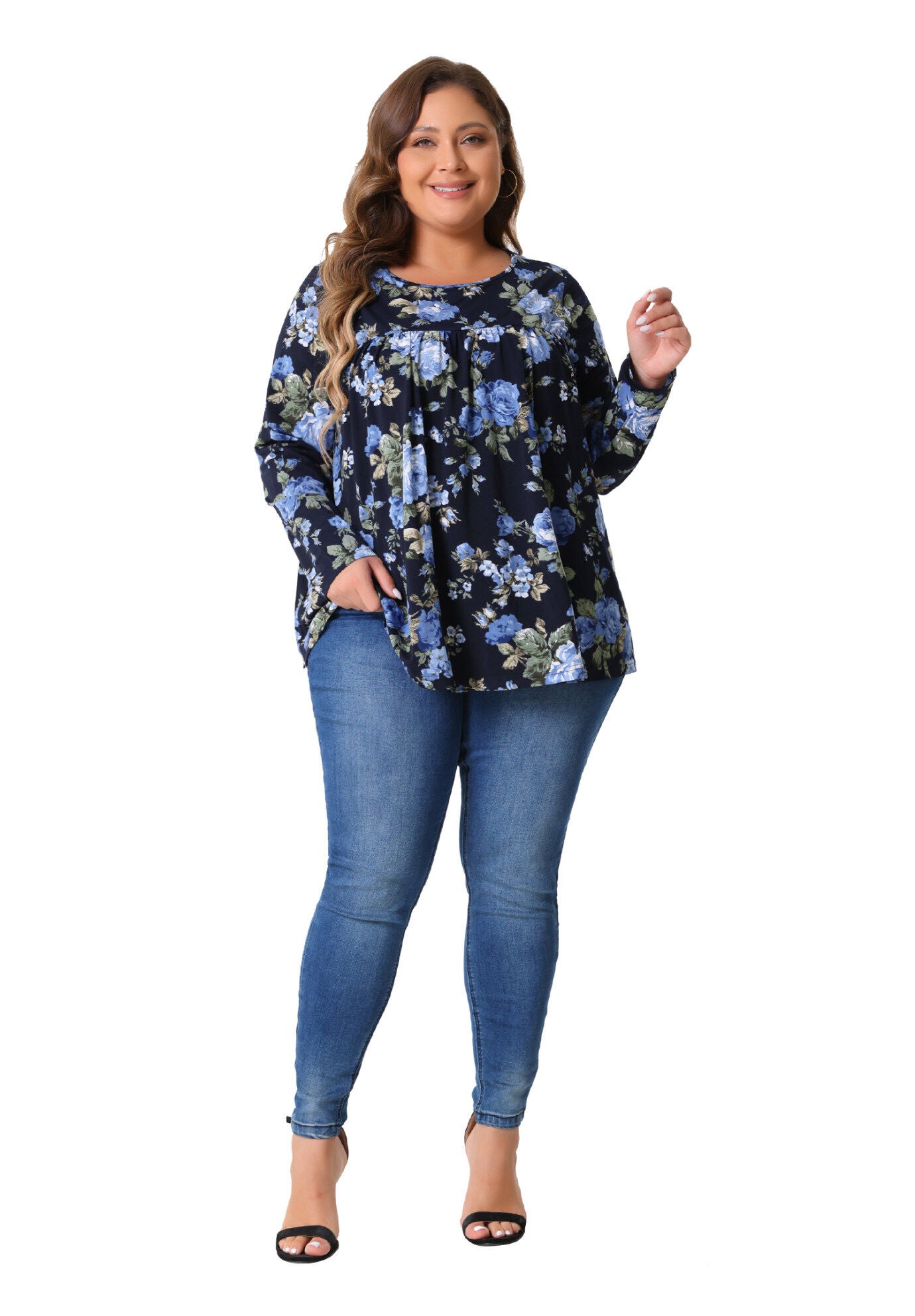 Long Sleeve Tunic Pleated Crew Neck Blouse, Dark Blue / Navy, hi-res image number 0
