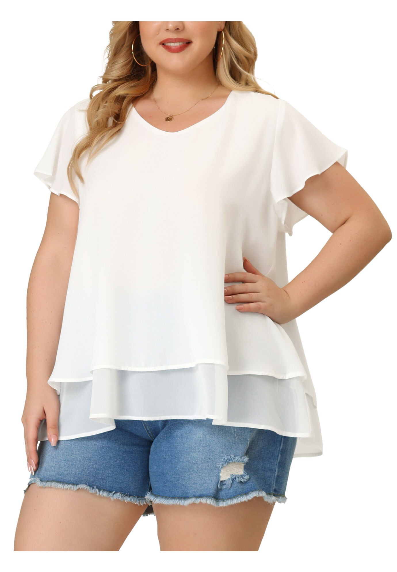 Summer Top Ruffle Short Sleeve V Neck Double Layered Hem Chiffon Blouse, White / White, alternate image number 1