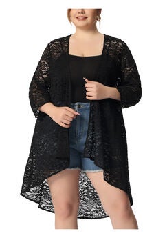 LIGHTWEIGHT 3/4 SLEEVE OPEN FRONT CROCHET LACE COVER UP