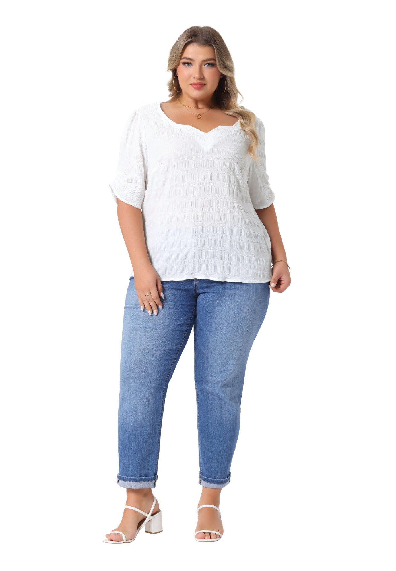 Pleated Notched Short Sleeve Casual Blouse, White / White, hi-res image number 0