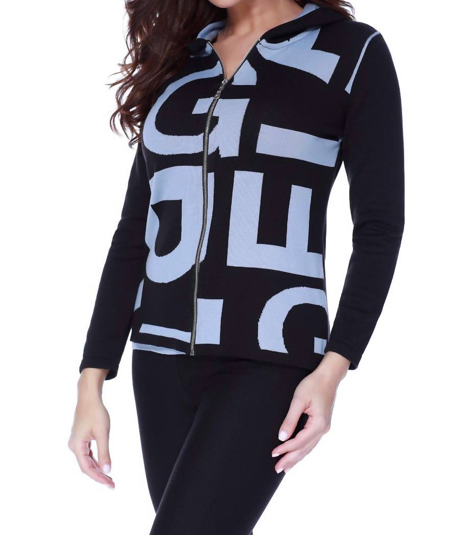 ABSTRACT HOODED CARDIGAN IN BLACK/DENIM, BlackDenim / Black, hi-res image number 0