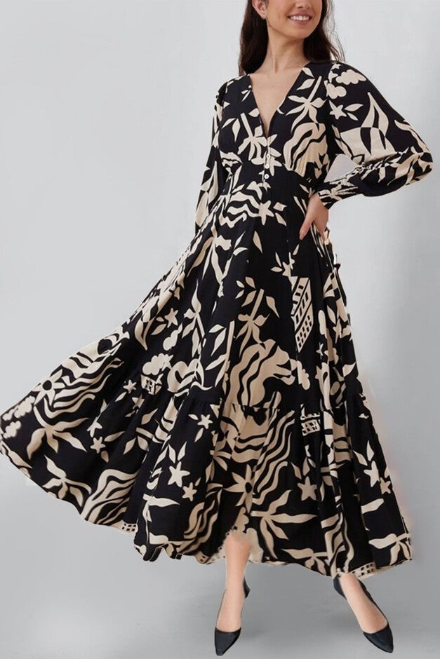 Annick - Tina Maxi Printed Dress Full Length Sleeves, Black / Black, hi-res image number null
