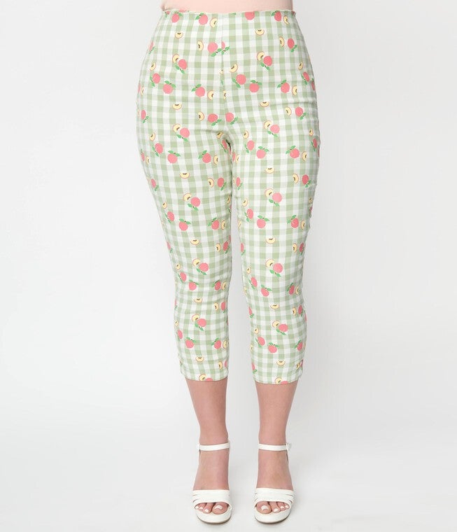 UNIQUE VINTAGE LIGHT GREEN GINGHAM & PEACHES RACHELLE CAPRI PANTS, , alternate image number null