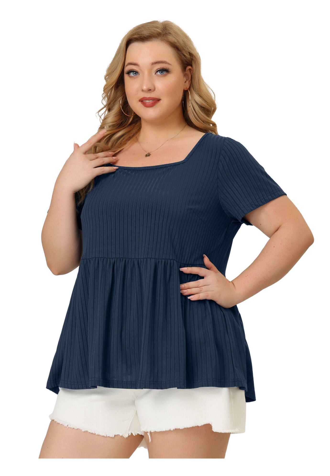 Babydoll Top Summer Peplum Short Sleeve Summer Oversized Tunic Blouse, Navy Blue / Navy, alternate image number 3