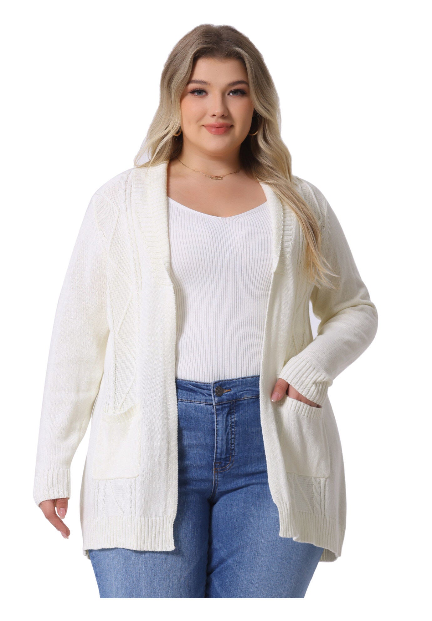SHAWL COLLAR OPEN FRONT SWEATER CARDIGAN, White / White, alternate image number 1