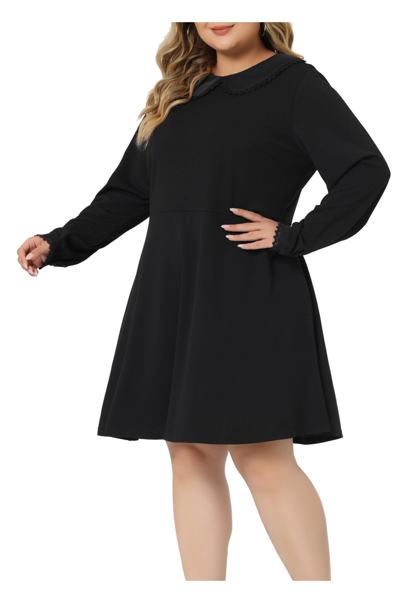 LONG SLEEVE DOLL PETER PAN COLLAR FLARE MIDI DRESS, Dark Black / Black, alternate image number 1