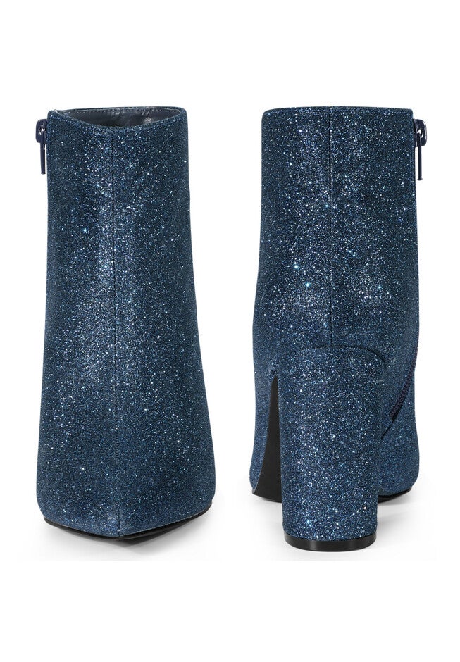 Glitter Pointed Toe Chunky Heels Sparkly Booties, Navy Blue / Navy, alternate image number 1