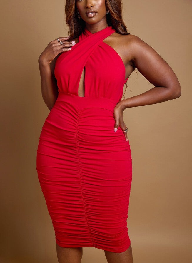 RUBY RUCHED BODYCON MINI DRESS, Red / Red, alternate image number 3