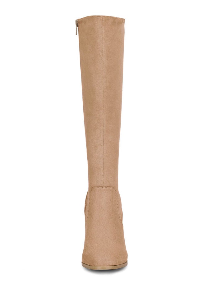 SIDE ZIPPER CHUNKY HEEL KNEE HIGH BOOTS, Khaki / Tan, alternate image number 1