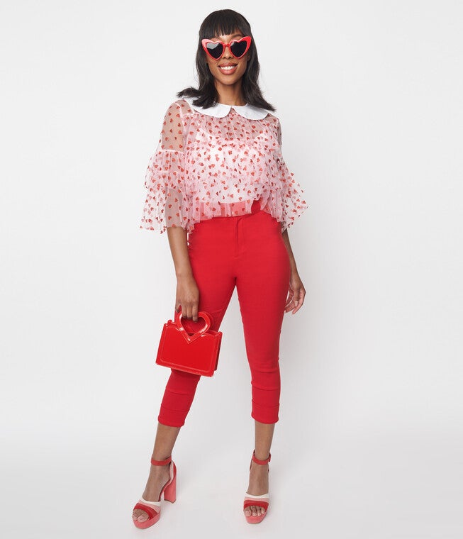 Smak Parlour Red & Polka Dot Heart Pocket Smarty Pants Capri, Red Polka Dot Heart Pocket / Red, hi-res image number 0