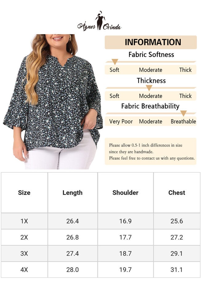 Pleated Long Sleeves V Neck Floral Blouse Top, Black / Black, alternate image number 4