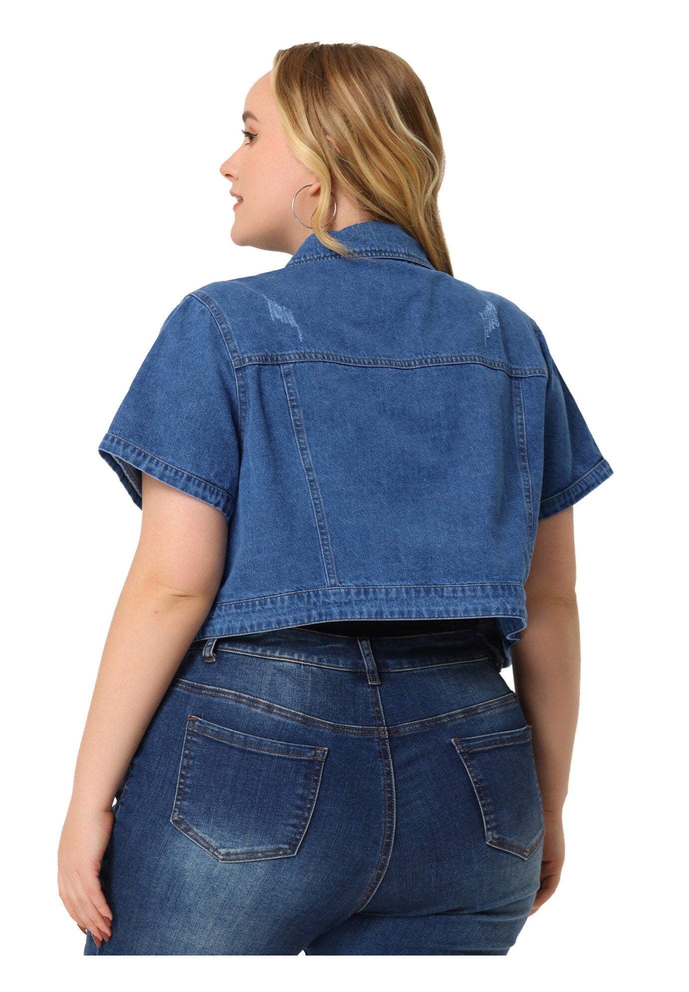 SHORT SLEEVE BUTTON DOWN CROPPED DENIM JACKET, Denim Blue / Light Blue, alternate image number 3