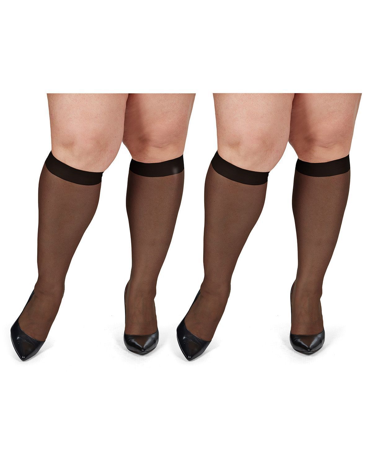 Silky Sheer Plus Size Curvy Knee High Stockings 2 Pack, Jet Black / Black, alternate image number 1