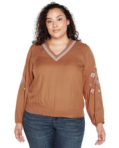 EMBROIDERED BLOUSON SLEEVE V-NECK BLOUSE