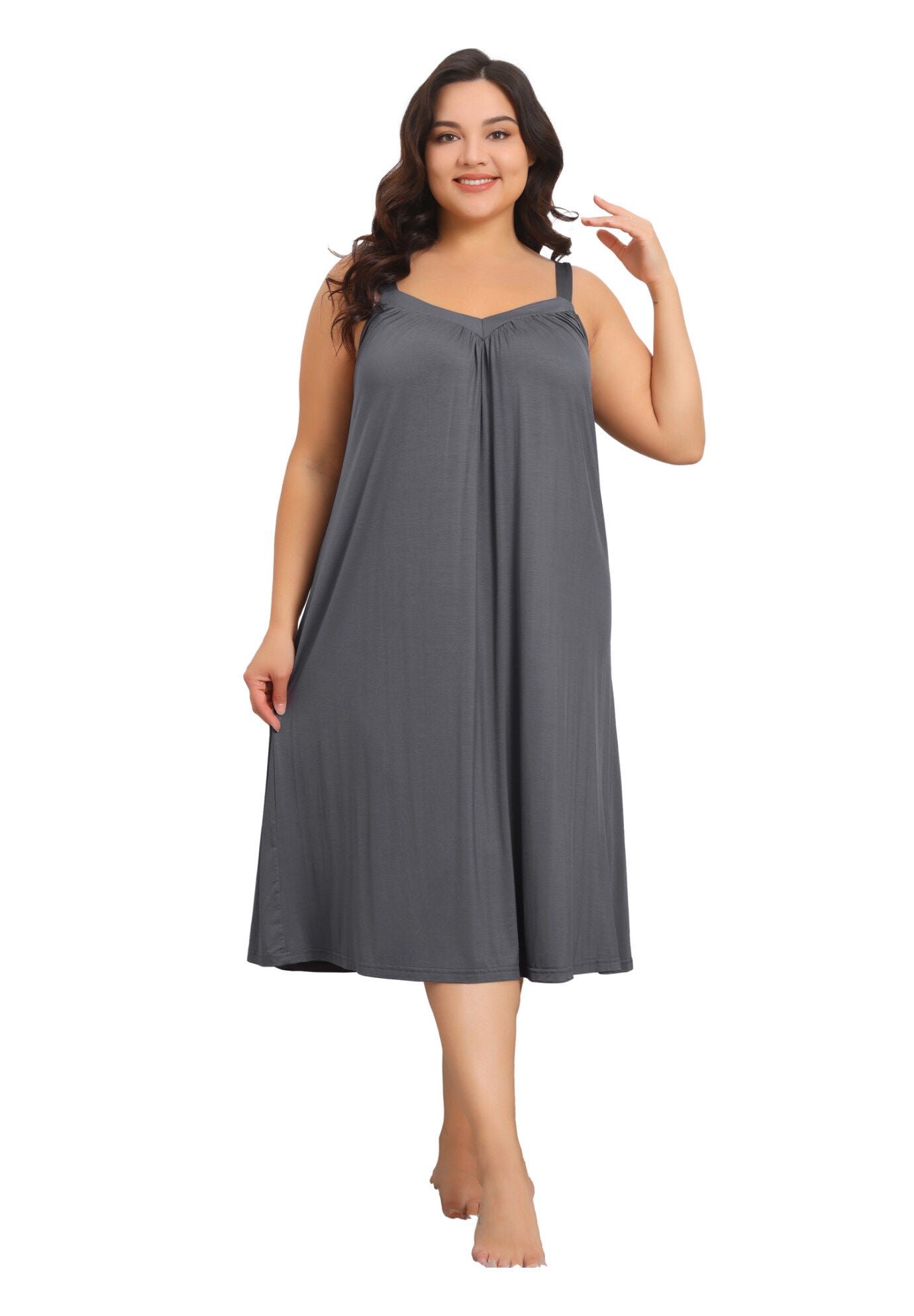 Spaghetti Strap V Neck Sleeveless Chemise Nightdress, Grey / Charcoal Grey, hi-res image number 0