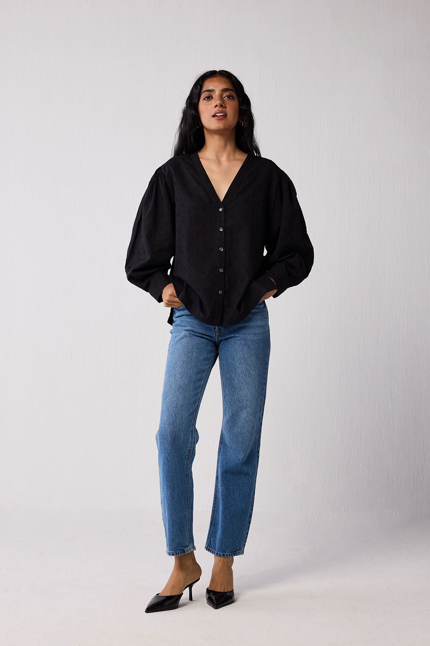 Embroidered Shirt with Long Balloon Sleeves in Black, Black / Black, alternate image number 4