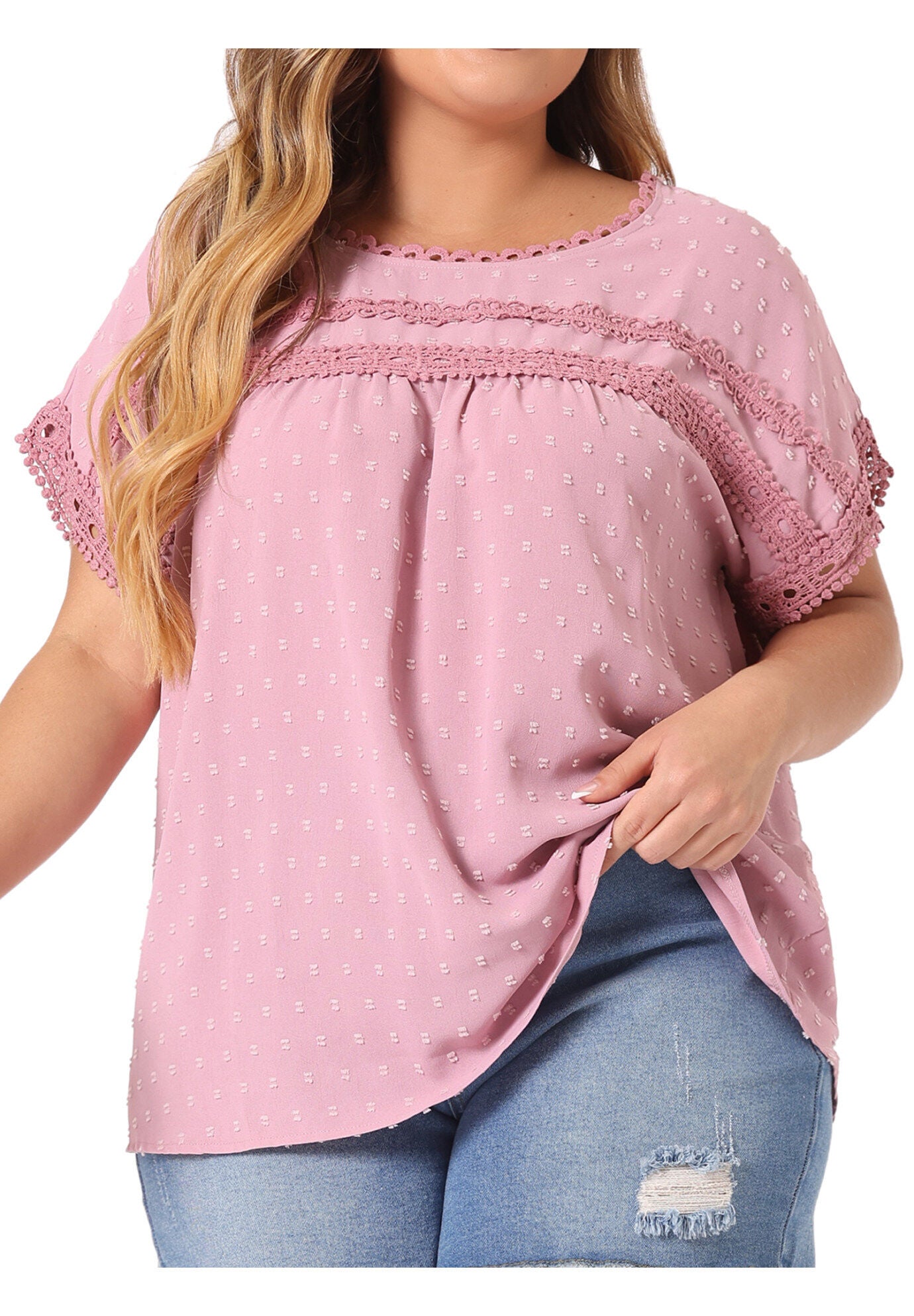 Swiss Dots Lace Crochet Short Sleeve Chiffon Blouse, Pink / Pink, alternate image number 2
