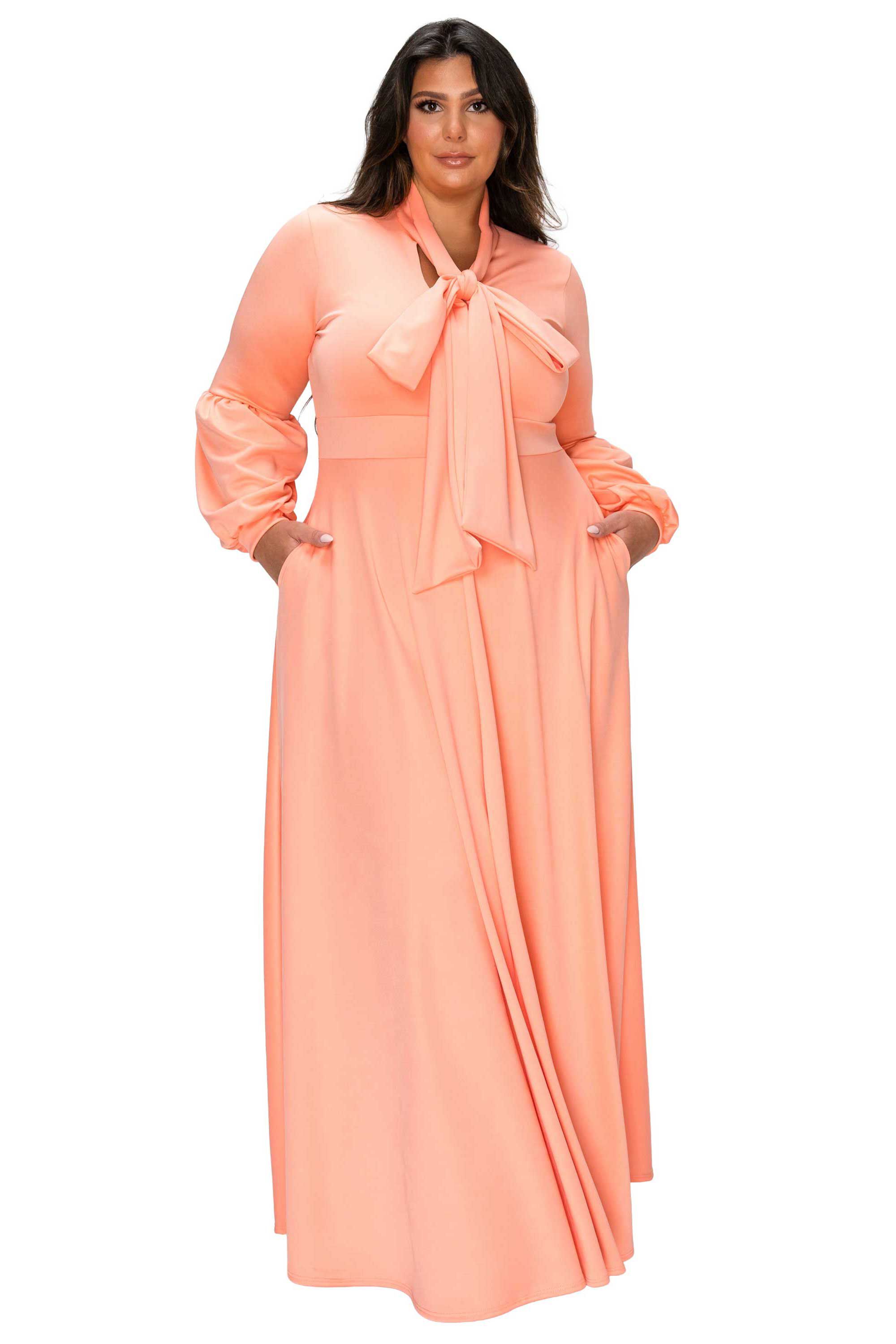 Bella Donna Dress with Ribbon and Bishop Sleeves, Peach / Peach, alternate image number 2