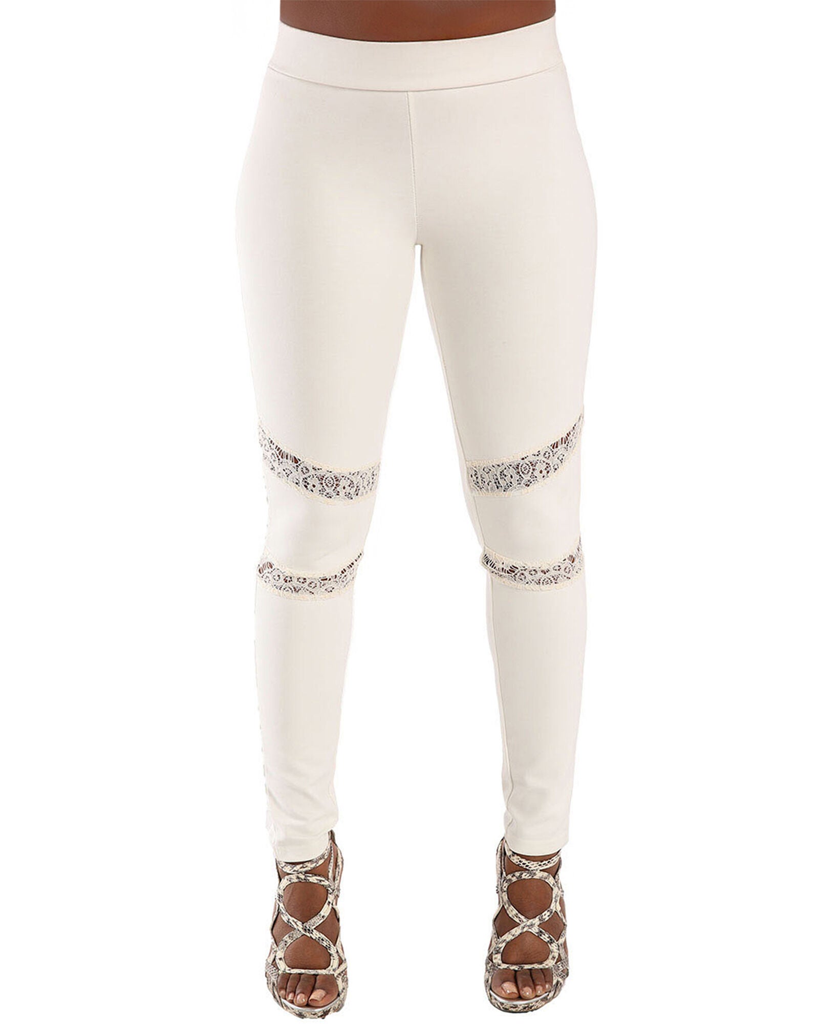 Janet Black Pull On Ponte Leggings with Lace Insert, Ivory / Ivory, hi-res image number 0