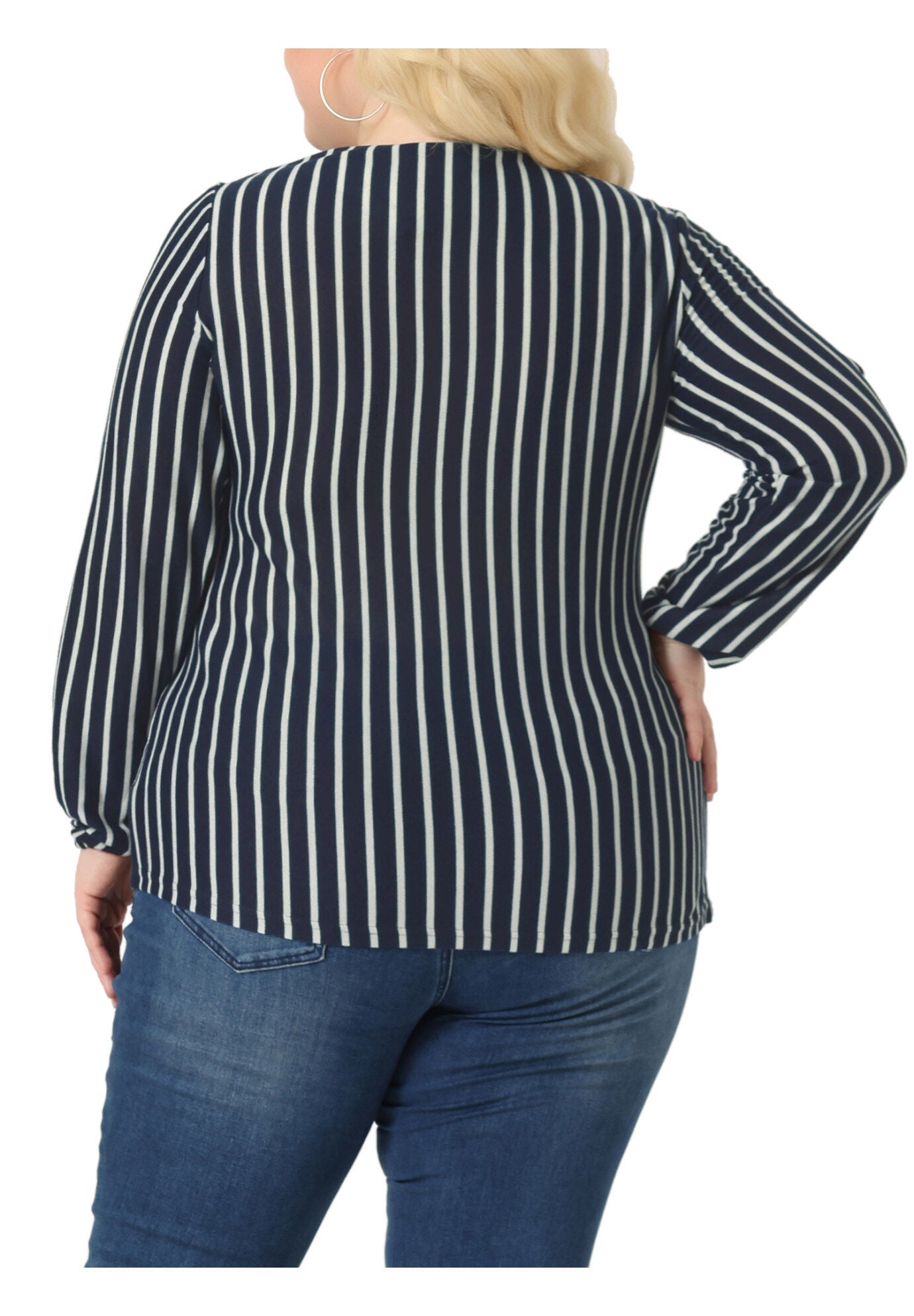 Boho Color Block Elastic Cuff Long Sleeve Striped Top, Navy Blue / Navy, alternate image number 3
