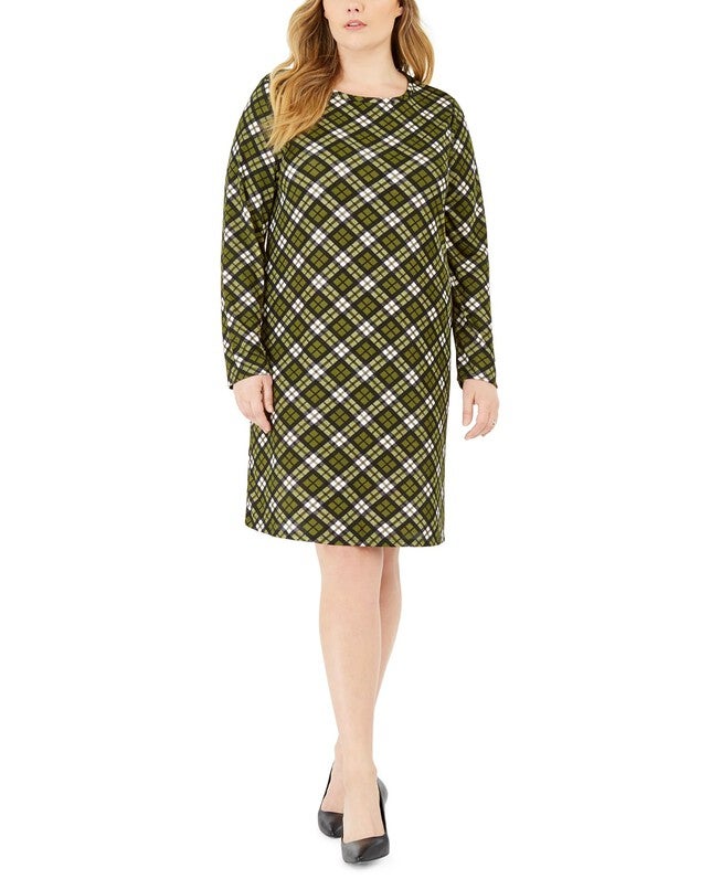 Michael Kors Women's Plus Plaid Long Sleeve Shift Dress Green Size 1X, Green / Forest Green, hi-res image number 0