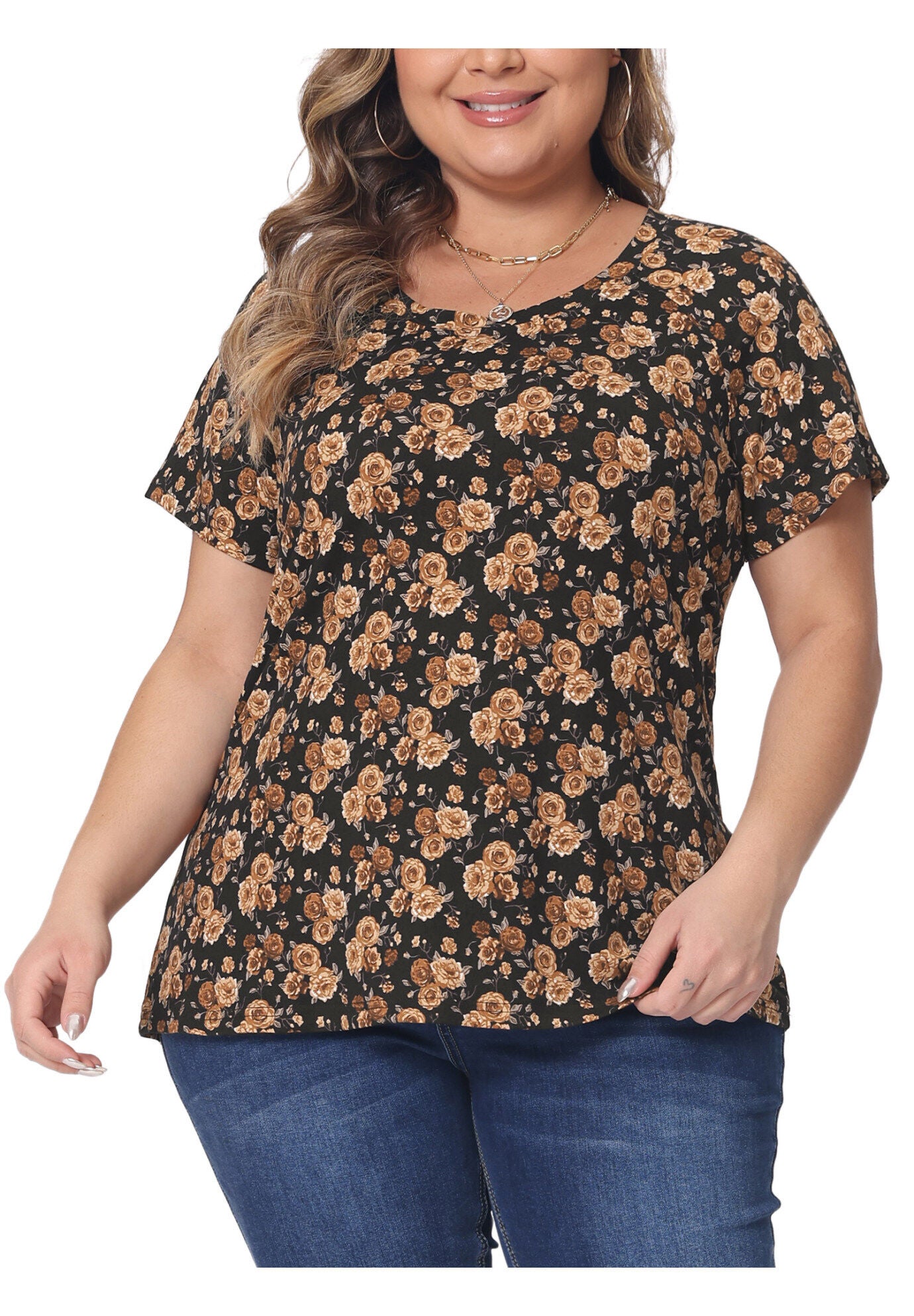 Floral Blouse Short Sleeves Loose Top, Brown / Brown, alternate image number 1