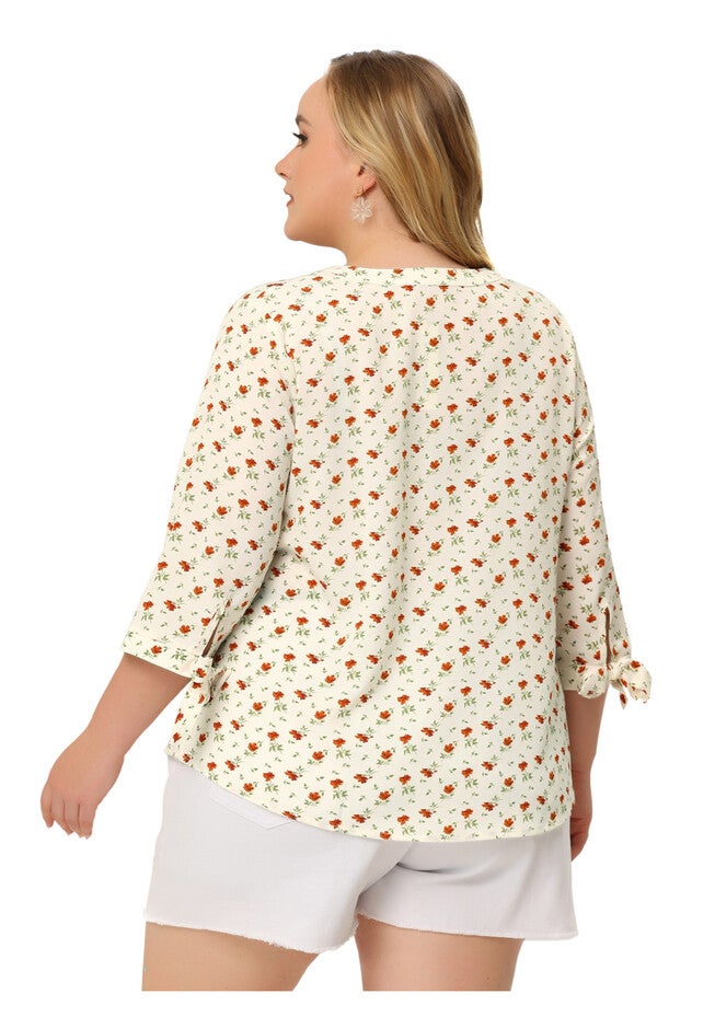Notched Neck 3/4 Sleeve Floral Blouses Top, White / White, alternate image number 3
