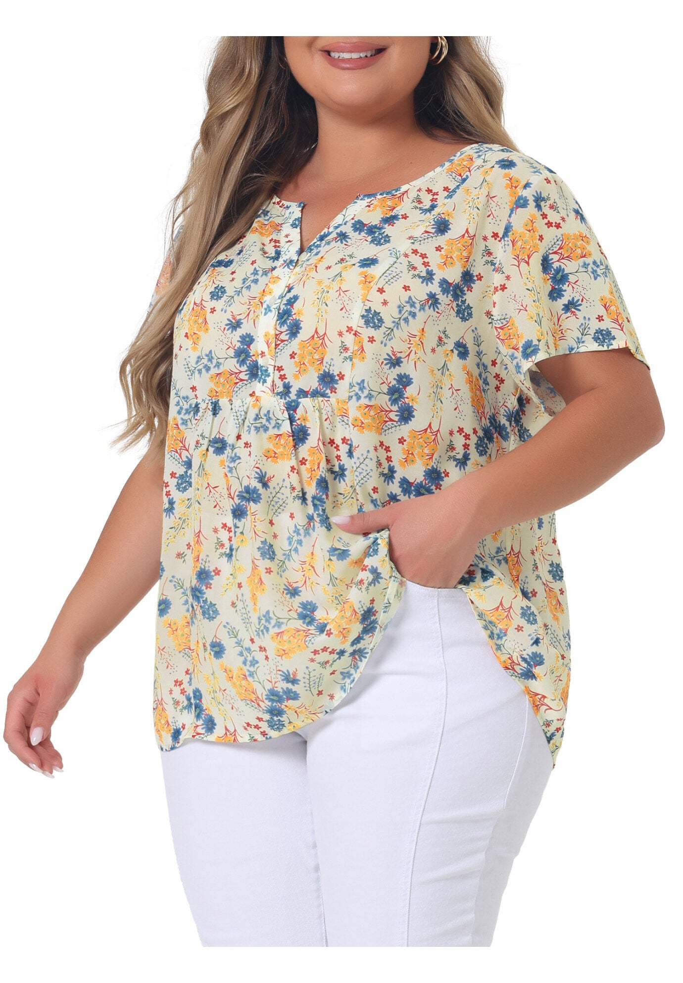 Summer Top Floral Half Placket Short Sleeve Casual Blouse, Beige / Beige, alternate image number 1