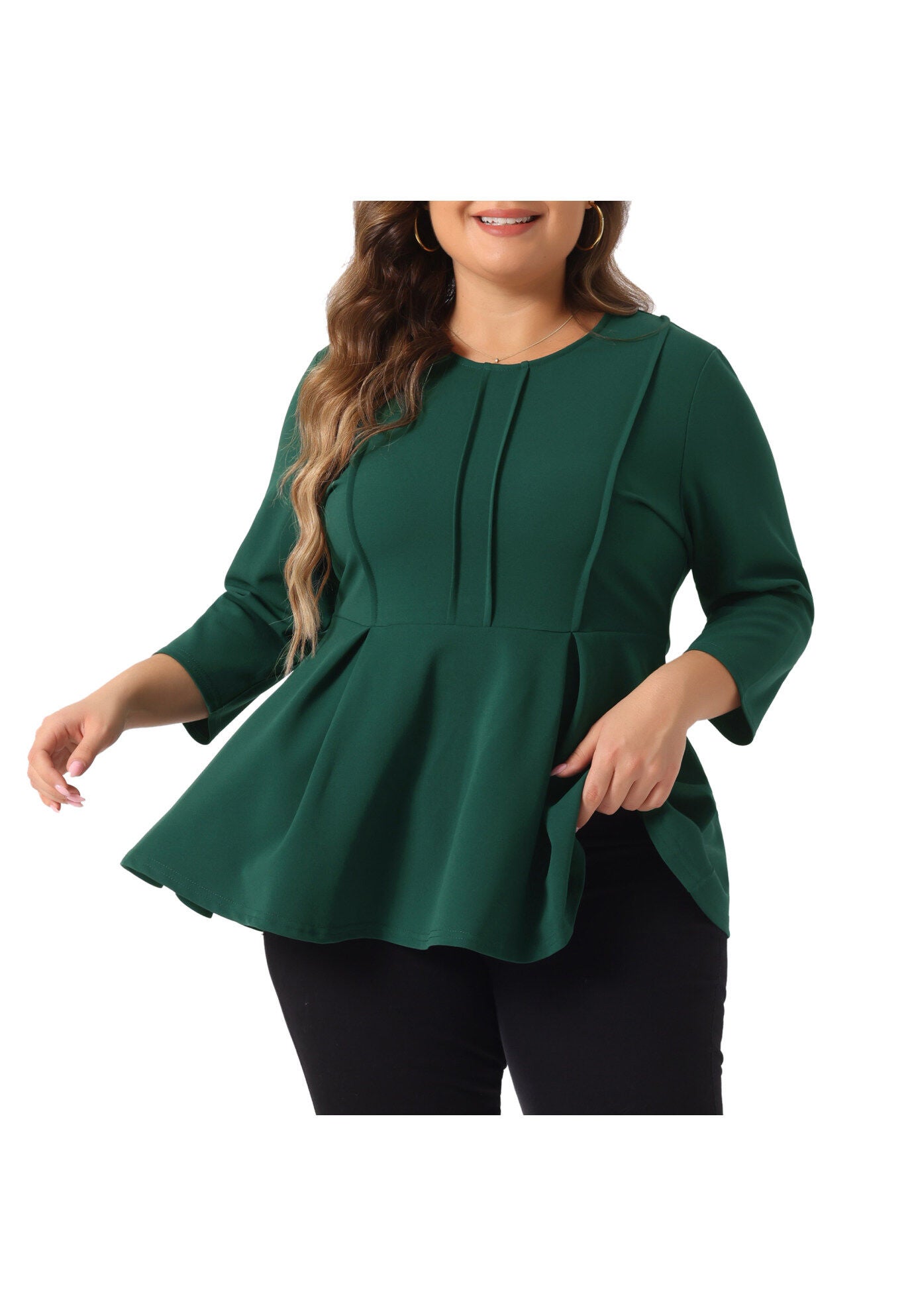 Crew Neck 3/4 Sleeve Peplum Top, Green / Forest Green, alternate image number 4