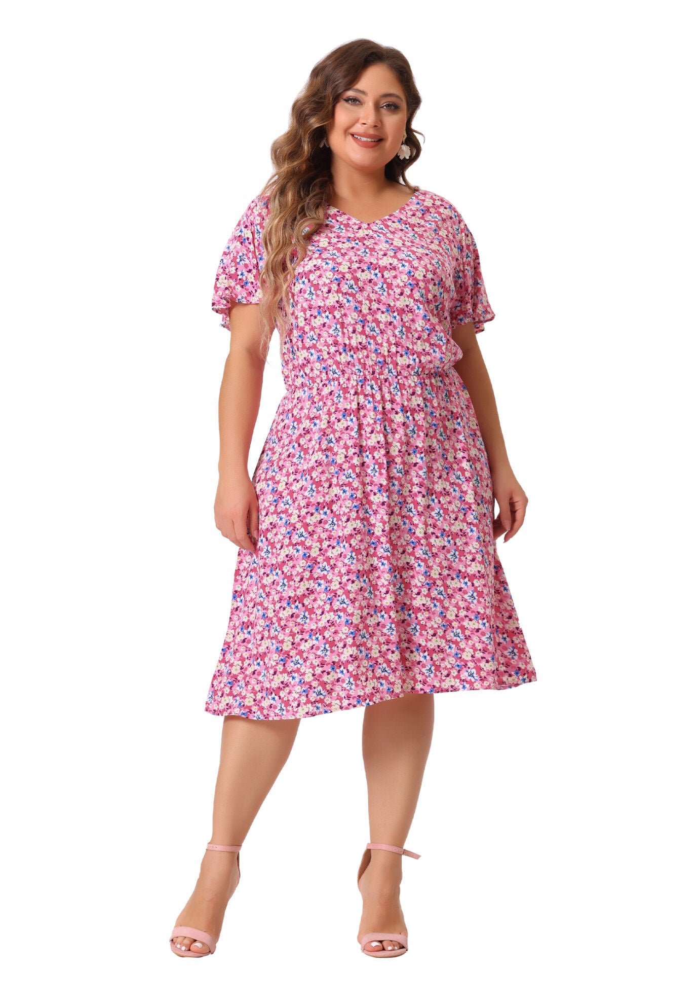 Summer V Neck Flare Sleeve Peplum Midi Ruffle Dress, Dark Pink / Pink, hi-res image number 0