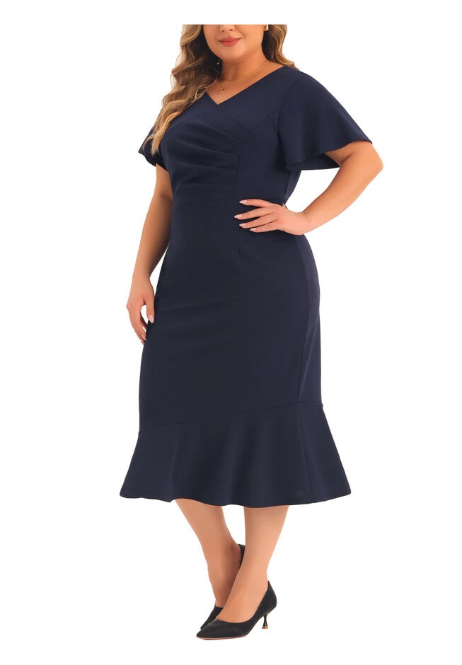 V Neck Ruffled Short Sleeve Cocktail Wrap Dress, Navy Blue / Navy, alternate image number 1