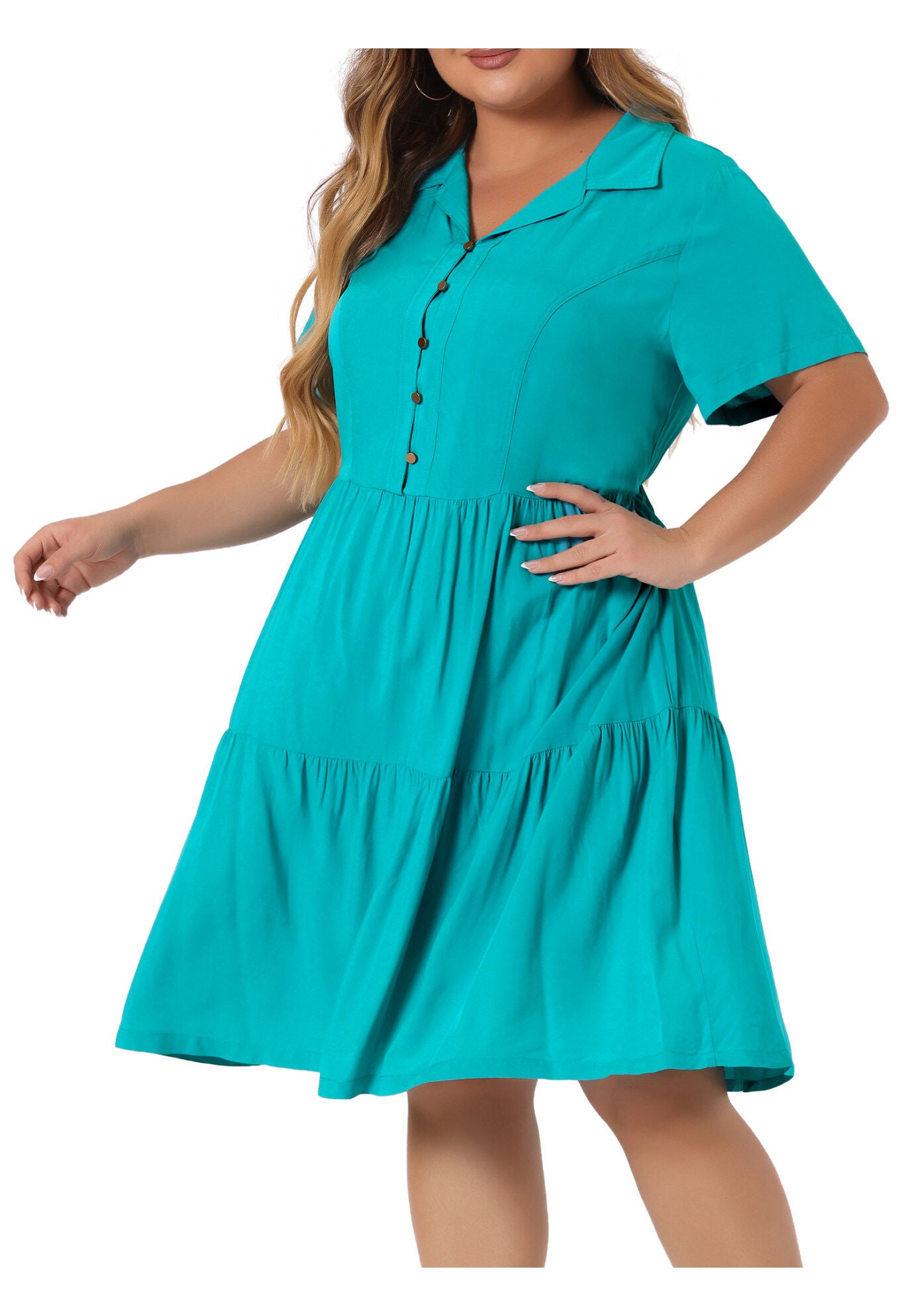 Short Sleeve Button Down Flowy Tiered Shirt Chambray Dress, Blue Green / Turquoise, alternate image number 1
