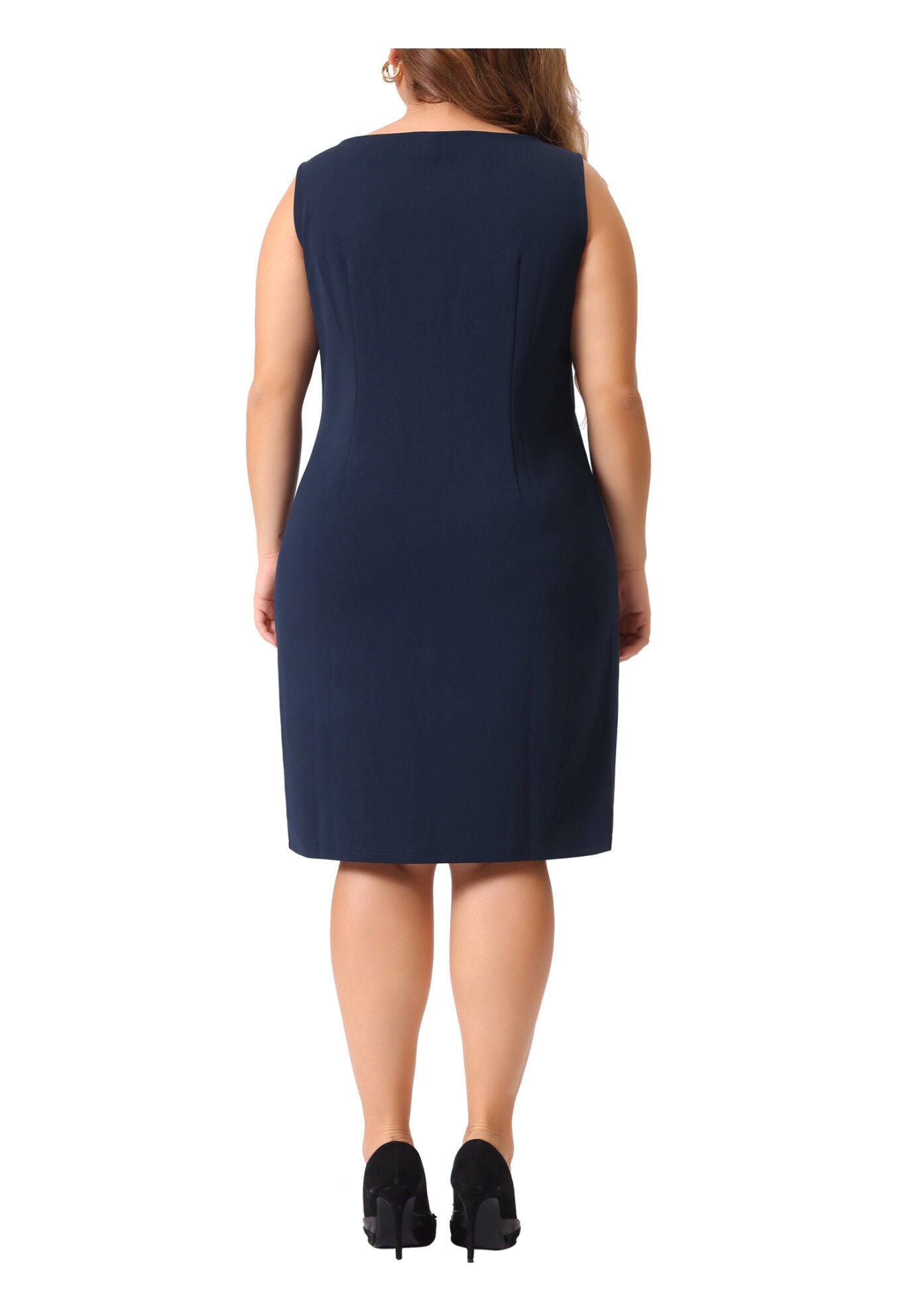 SLEEVELESS BOAT NECK STRAIGHT PENCIL SHEATH DRESS, Navy Blue / Navy, alternate image number 3