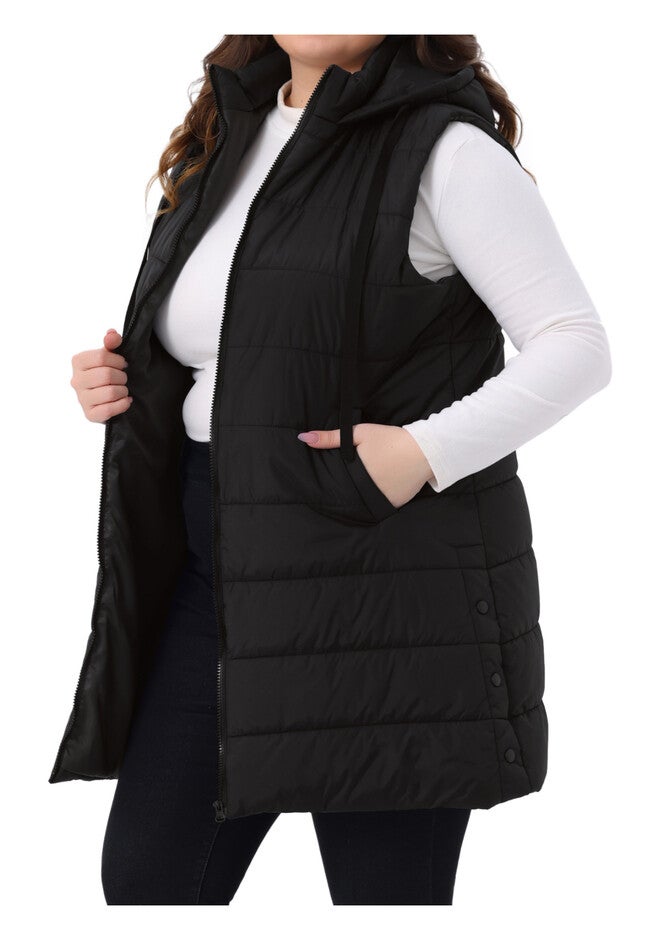 Long Puffer Hooded Quilted Vest with Pockets, Black / Black, alternate image number 2