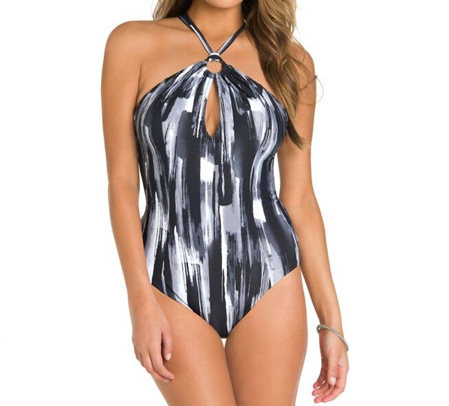 CROSS BACK ONE PIECE SWIMSUIT, Amo Black / Warm Grey, hi-res image number 0