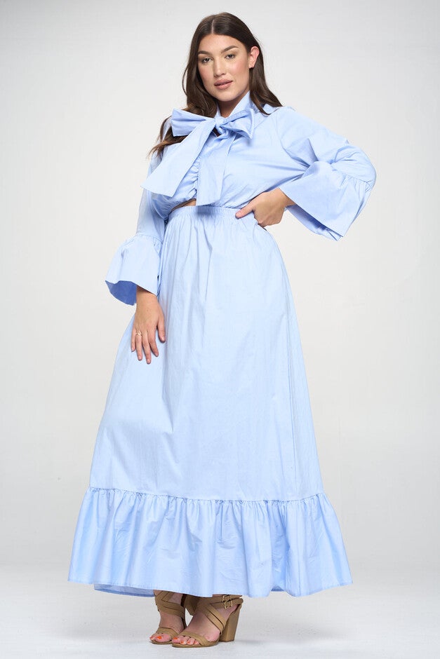 POPLIN BELL SLEEVE TOP AND SKIRT SET, Periwinkle / Purple, hi-res image number 0