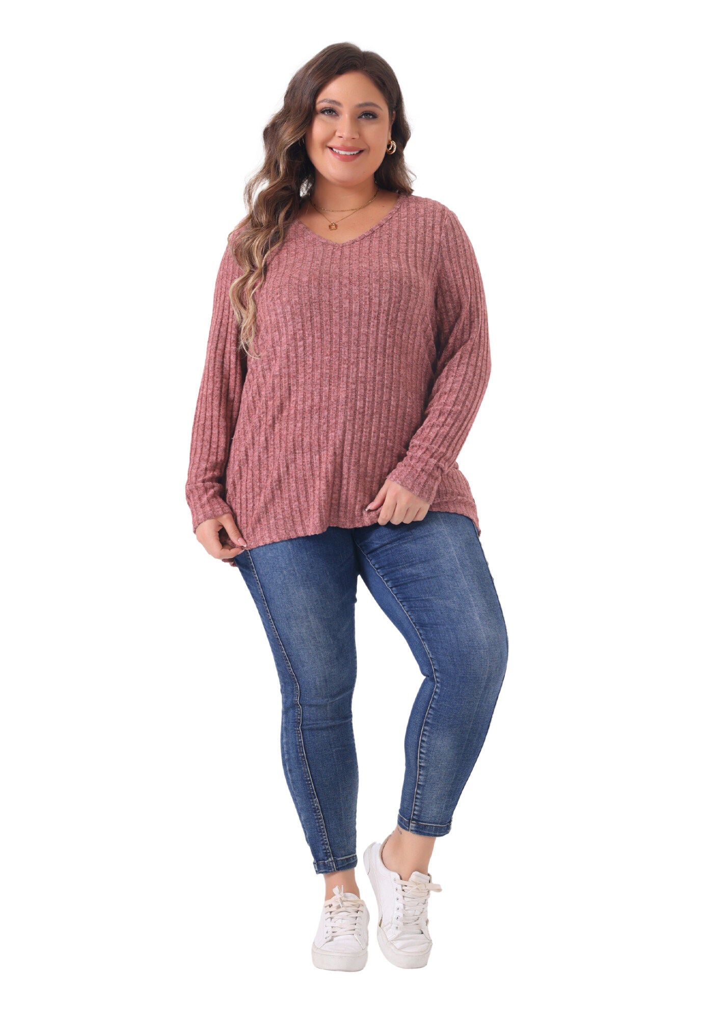 V Neck Long Sleeve Ribbed Brushed Tunic Blouse, Pink / Pink, hi-res image number 0