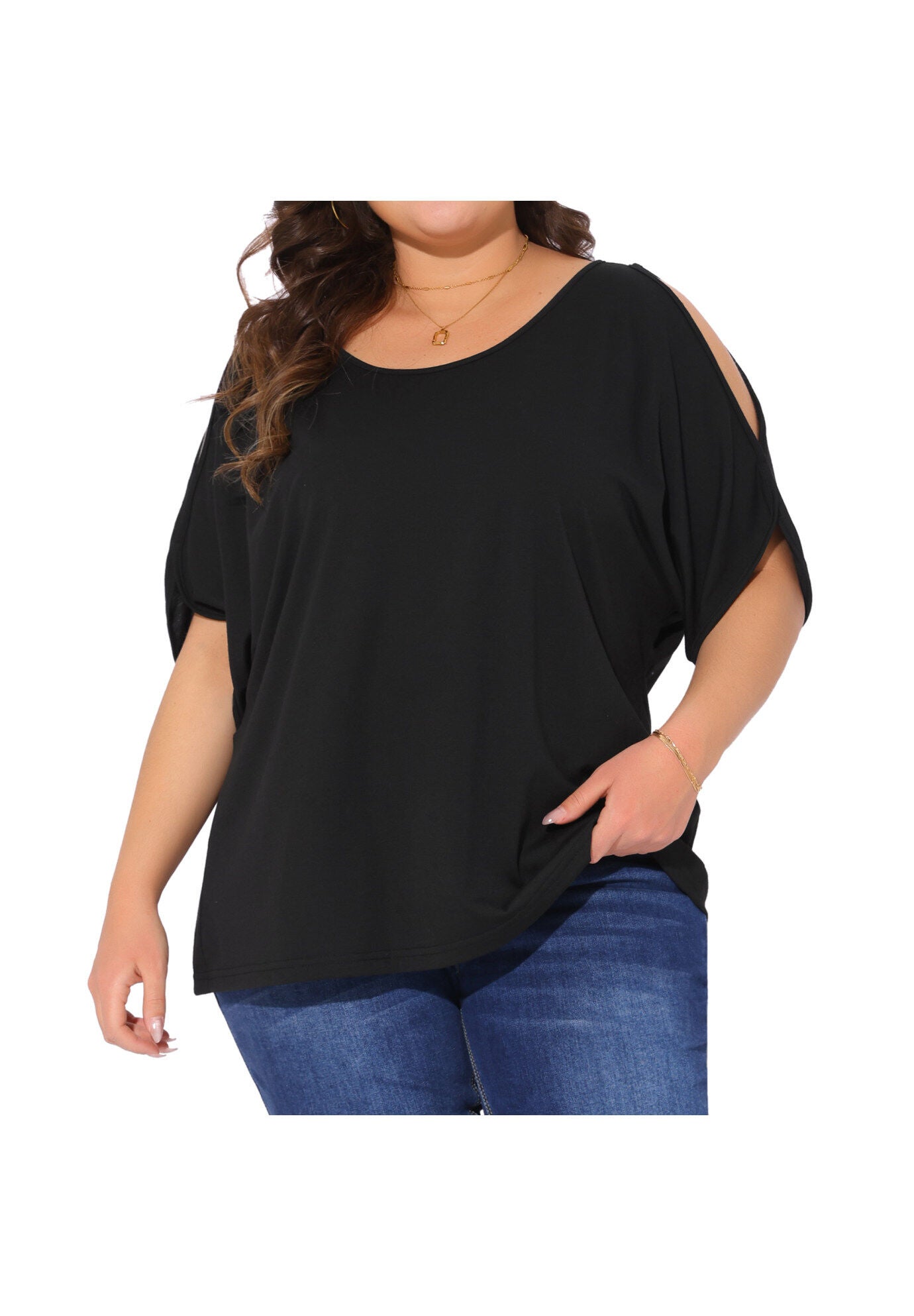 Cold Shoulder Short Sleeve T-Shirt Top, Black / Black, alternate image number 2