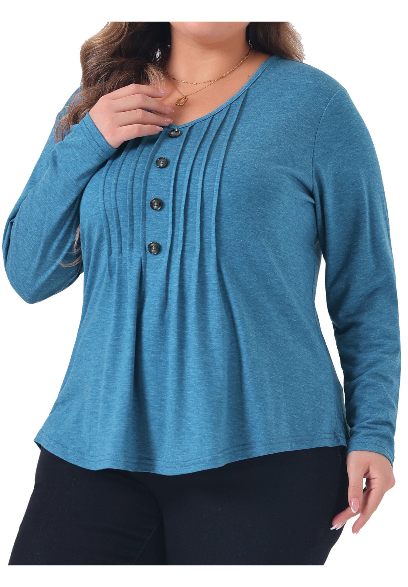 Long Sleeve Pleated Front V Neck Button Blouse, Gray Blue / Azure Blue, alternate image number 1
