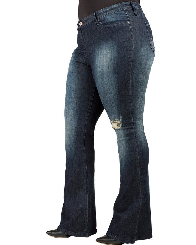Plus Size Kylie Jeans In Unforgiven Wash W Distressing & 24 inches Flare, Blue / Dark Wash, alternate image number 1