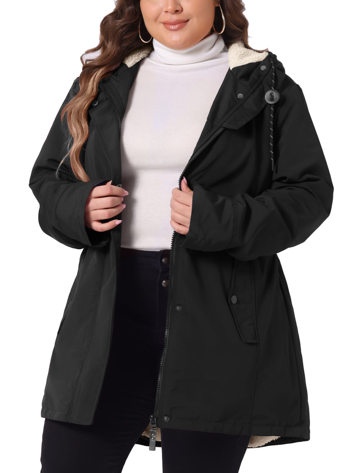 Faux Lamb Fur Leather Button Down Hoodie Parka Coat, Black / Black, alternate image number 1