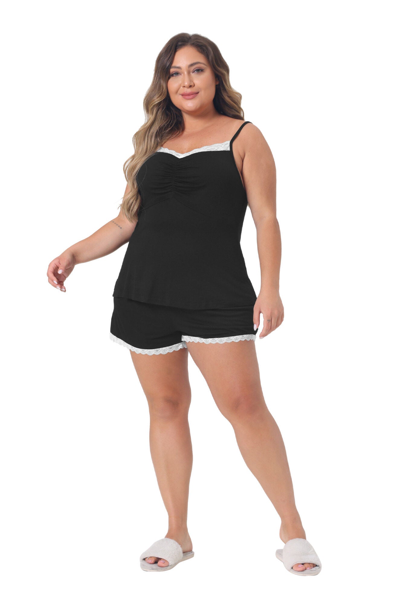 PAJAMA CAMI SHORTS NIGHTWEAR LACE LINGERIE SLEEPWEAR, Black / Black, hi-res image number 0